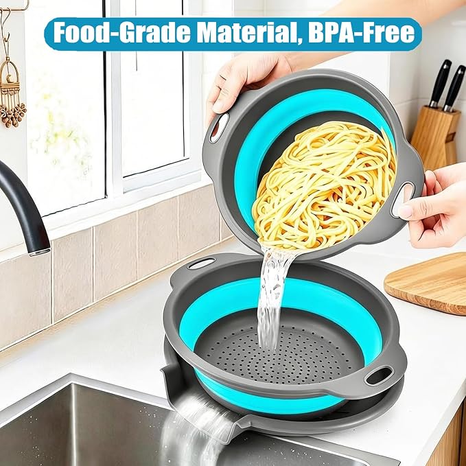 Collapsible Colanders Food Strainers, 3-Pack Foldable Kitchen Strainers with Over-Sink Water Draining Tray, Space Saving Kitchen Drainer for Vegetables, Fruit, Pasta and Rice (Blue-Gray)