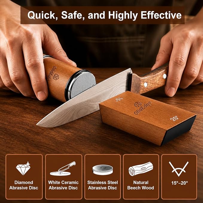 Rolling Knife Sharpener Kit – Knife Sharpener with Diamond, Ceramic & Stainless Steel Discs – 15° & 20° Strong Magnetic Angle Base – Knife Sharpener Tool for Kitchen, Chef & Utility Knives