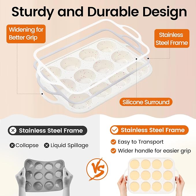 Silicone Muffin Pan with Metal Reinforced Frame - Muffin Pan for Homemade Muffins, Cupcakes, Muffin Cakes, and Bread, Oven and Dishwasher Safe (12 Cups×2pack)