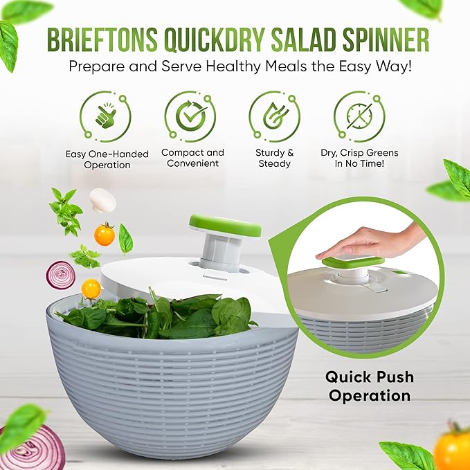 Brieftons Large 6.2-Quart Collapsible Salad Spinner: Manual One-Handed Pump Vegetable Washer Dryer Drainer Strainer, BPA-Free Bowl, Basket Colander & Lid, Compact Storage, for Greens Herbs Fruits