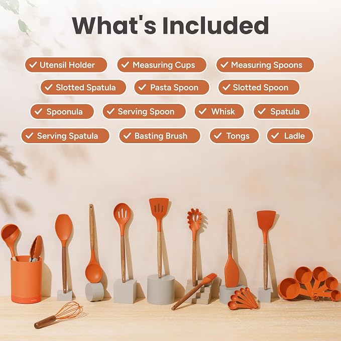 Silicone Kitchen Utensils Set & Holder: Cooking Utensils Set - Kitchen Essentials for New Home & 1st Apartment- Silicone Spatula Set, Cooking Spoons for Nonstick Cookware (Acacia Wood, Oange)