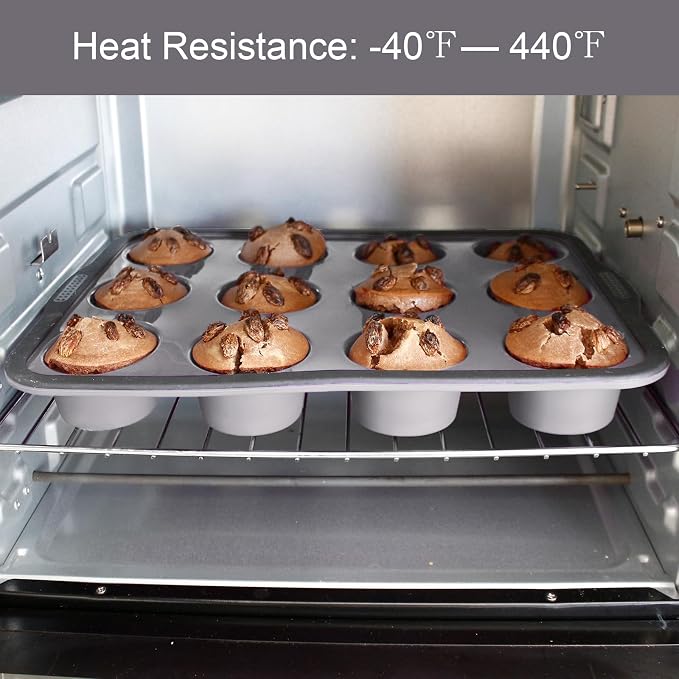 Aichoof 12 Cup Silicone Muffin Pan, Non-Stick Baking Mold w/Steel Frame | Food Grade Silicone, Heat Resistant -40°F to 440°F, Dishwasher Safe, Grey