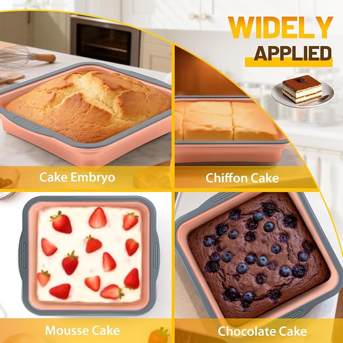 7x7 Silicone Square Cake Pan with Metal Reinforced Edge, Nonstick Brownie Baking Pan, BPA Free, Oven Safe Flexible Silicone Mold, Suitable for Making Cakes, Brownies, Bread, Pie, Lasagna