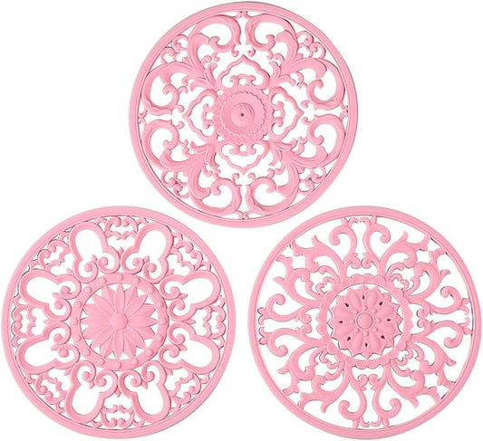 Extra Thick Silicone Trivet Mat for Hot Dishes, Hot Pots and Pans, Pot Holder, Hot Pad to Protect Your Table and Countertop, Kitchen Decor and Accessories,Pink,Set of 3
