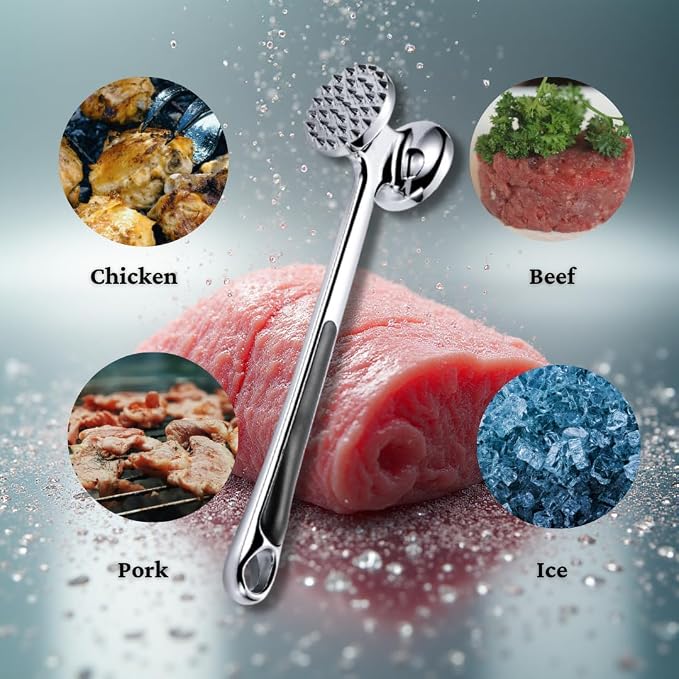 Professional Meat Tenderizer Mallet – InfyniteShores | Double-Sided Stainless Steel | Heavy-Duty 8.6" | Kitchen Tool for Steak Beef, Chicken & More