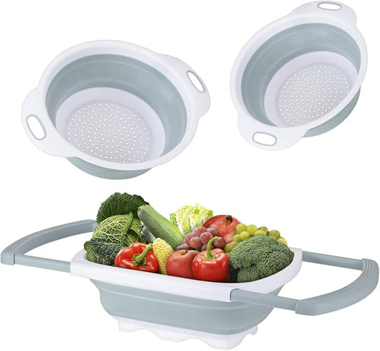 Colander Collapsible, Kitchen Strainer Colander, Collapsible Colander with Extendable Handles for Draining Veggies, Pasta,Fruit, Includes 6, 4 Quart Over the Sink Strainer Folding and 2 Quart Round