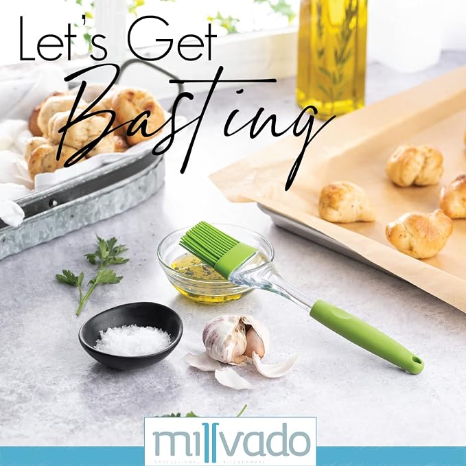 Millvado Silicone Basting Brush: Heat Resistant Cooking Brush for Oil and Sauce - Flexible Food Brush - Dishwasher Safe Basting Brush for Cooking – Green Silicone Pastry Brush/BBQ Brushes for Sauce