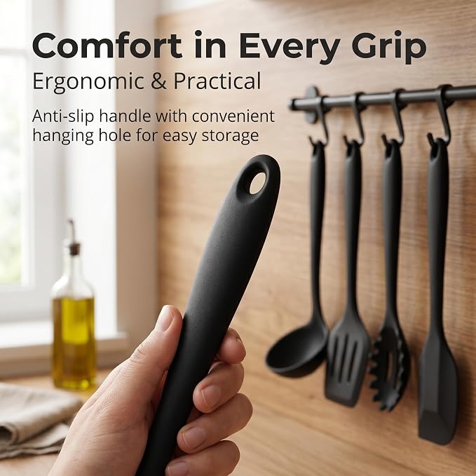 LIANYU Non-Toxic Cooking Utensils Set of 8, Silicone Black Kitchen Utensils Set for Non-Stick Cookware, Healthy Kitchen Tools with Spatula & Spoon, Stainless Steel Core, Healthy & Heat Resistant
