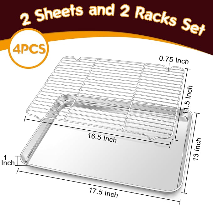 P&P CHEF 17.5 Inch Baking Sheet with Rack Set, Pans with Flat Racks | 2 Baking Sheets + 2 Cooling Wire Racks, Dishwasher & Oven Safe, Non-toxic & Lasting Use, Fit for Regular Oven