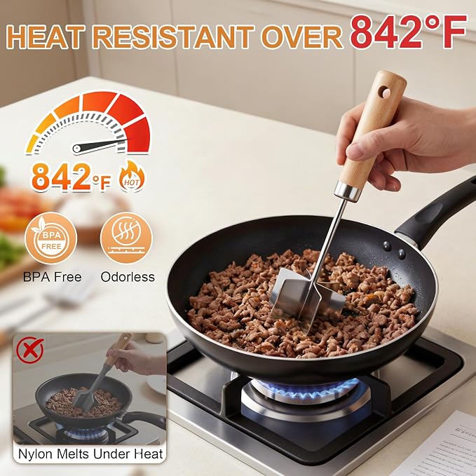 Stainless Steel Meat Chopper, 6 Curve Blades Beef Masher with Wooden Handle | 11 Inch Potato fruits Masher and tenderizes meat Hamburger Smasher, Mix and Chop Kitchen Tool for Taco Meat
