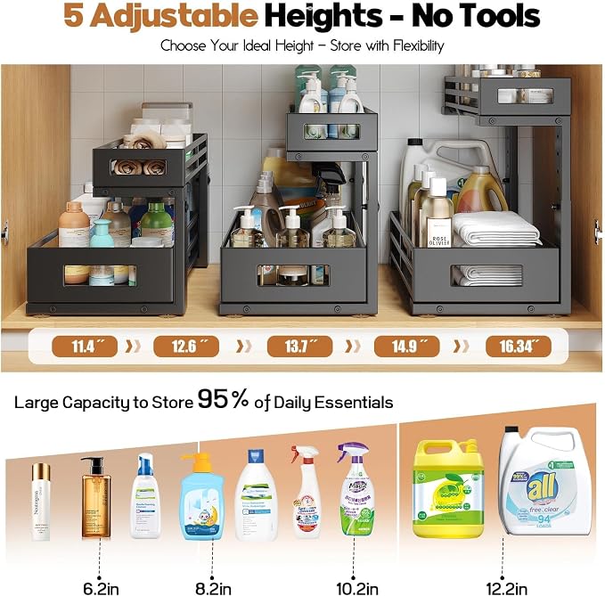 1-Pack Under Sink Organizers and Storage,2-Tier L Shape Pull Out Cabinet Organizer With Round Tube Slide Rails,Hight Adjustable Slide Out Drawers for Kitchen&Bathroom,Multi-Purpose Storage Shelf-Black