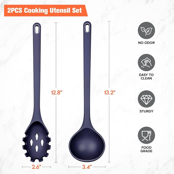 Silicone Spaghetti Spoon&Soup Ladle Cooking Utensils Set of 2,No Scratch for Nonstick Cookware,BPA Free, 450℉ Heat Resistant (BLUE)