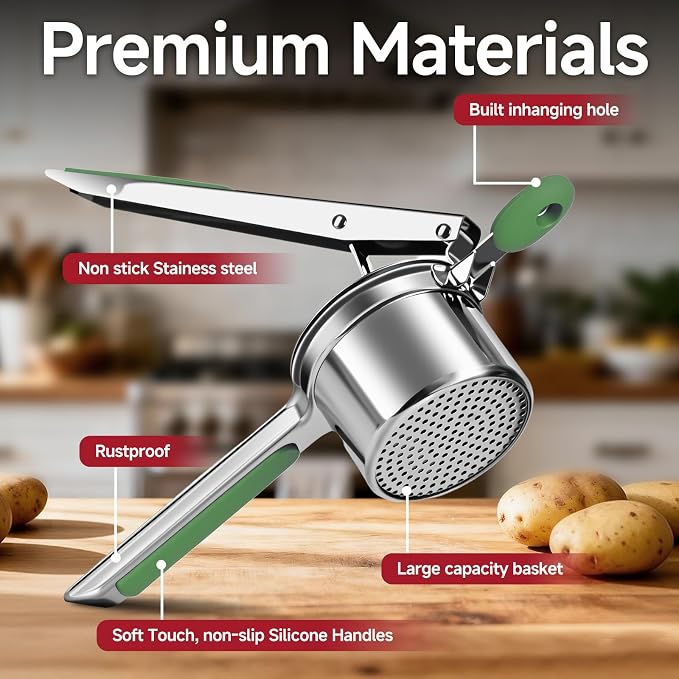 Potato Ricer for Mashed Potatoes-Stainless Steel 15oz | Large Capacity,All Clad,Heavy Duty,Ergonomic Handle for Spaetzle,Oranges, Lemons, Pumpkins, Carrots, Avocados(GREEN)