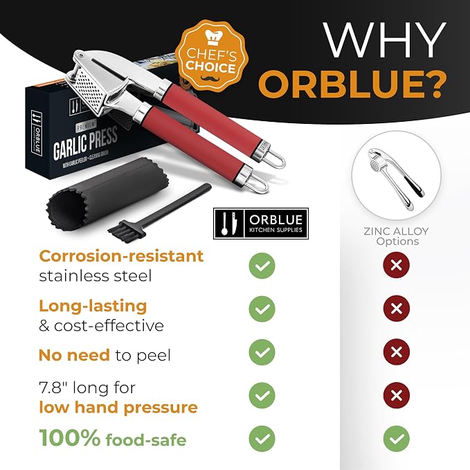 ORBLUE Garlic Press and Peeler Set, Stainless Steel - Professional Grade Mincer, Crusher - Dishwasher Safe & Rust-proof, Red