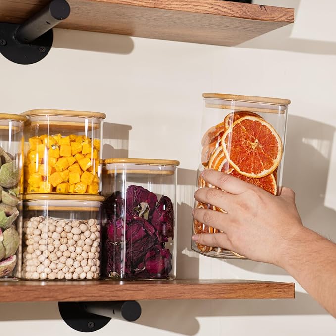 D2scrma Airtight Glass Square Storage Containers with Bamboo Lid Set of 6 (650ml*2/1100ml*2/1500ml*2) Stackable Jars, Kitchen Canister for Pantry Cereal, Nuts, Snacks and Coffee beans
