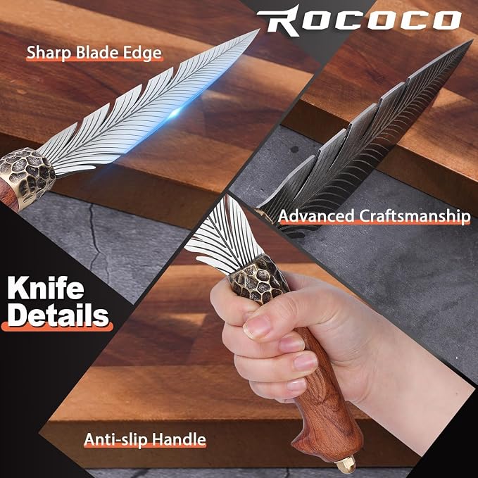 ROCOCO Feather Viking Knife Japanese Forged in Fire Boning Knife Fancy Kitchen Cleaver with Sheath Outdoor Camping BBQ Collection Birthday Thanksgiving Christmas Father Mother Gift 7"