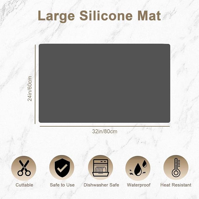 32"x24"(80cmx60cm) Large Silicone Mat for Kitchen Counter, Non-Slip Heat Resistant Countertop Protector, Waterproof Multipurpose Mat for Kitchen Island, Dark Gray