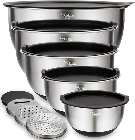 Wildone Mixing Bowls with Airtight Lids Set, 5PCS Stainless Steel Nesting Bowls for Kitchen, with Grater Attachments & Non-Slip Bottoms, Size 5, 3, 2, 1.5, 0.63 QT, Great for Mixing & Serving