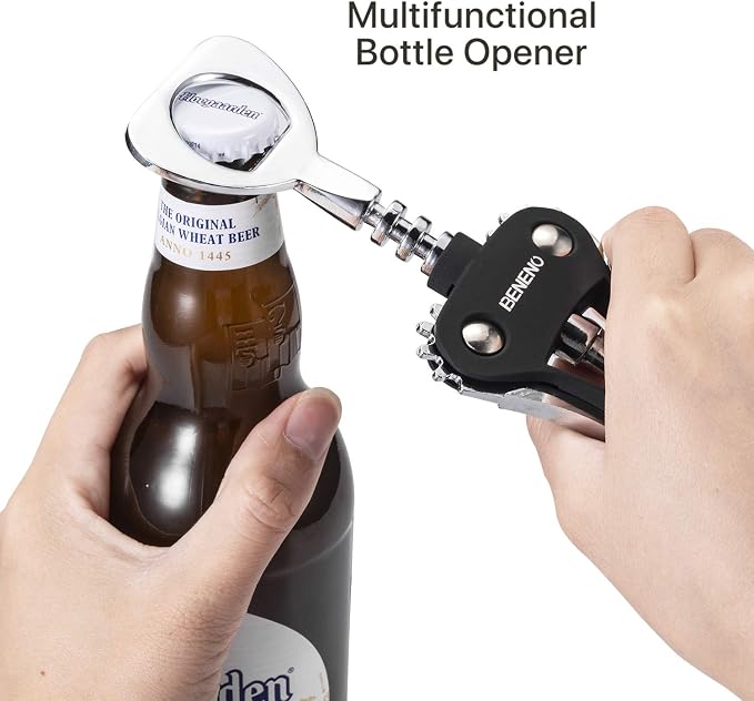 Beneno Wine Opener, Zinc Alloy Premium Wing Corkscrew with Multifunctional Bottles Opener, Sharp Wine Corkscrew with Ergonomic Non-Slip Wing Handle, Upgrade Black