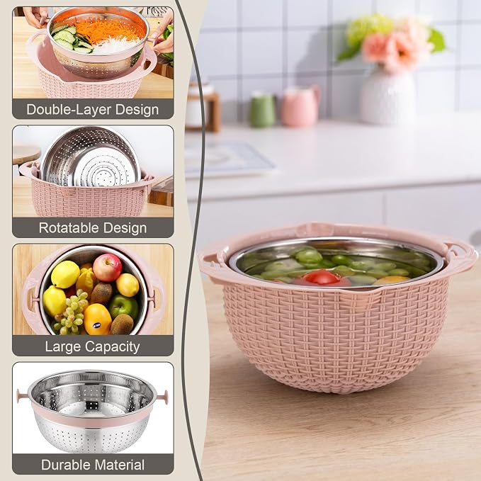 Colander with Mixing Bowl Set,Stainless Steel Colander, Food Strainers Colanders, Pasta Strainer, Rice Strainer, Fruit Cleaner, Veggie Wash, Salad Spinner, Strainers for Kitchen, Apartment(Pink)