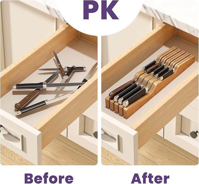 Bamboo In-Drawer Knife Block for 9 Knives(Not Included), Knife Drawer Organizer,Knife Holder Countertop,Block Knife Storage Organizer for Kitchen
