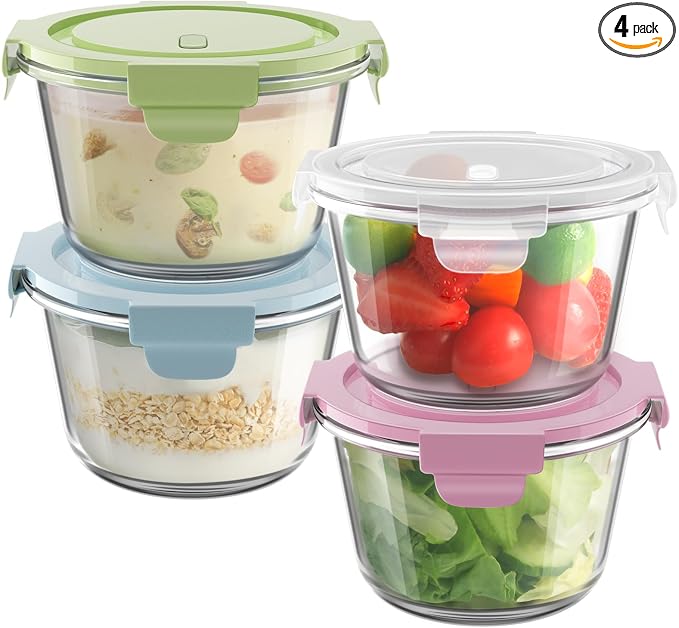 2Cup/16oz Glass Food Storage Containers with Lids, Meal Prep Containers | 4 PACK丨Airtight丨Air Vent Lid丨Borosilicate Glass丨Heat-Resistant丨Food Grade丨BPA-Free丨Microwave Dishwasher&Freezer Safe丨Round