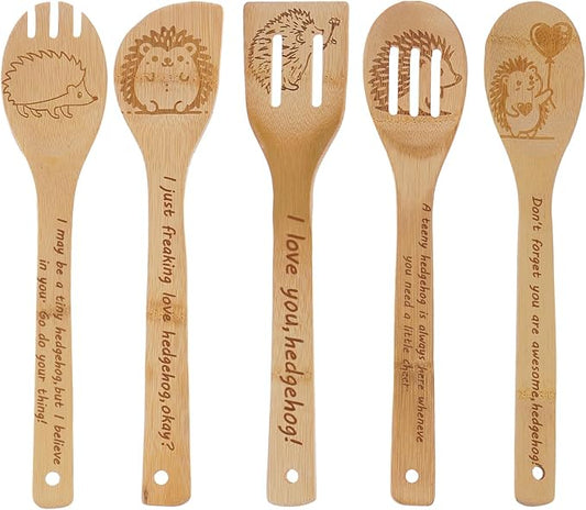 5PCS Hedgehog Wooden Cooking Spoons Set Bamboo Cooking Spoons | Hedgehog Kitchen Decor Housewarming Wedding Anniversary Thanksgiving Christmas for Mom Women Animal Lovers