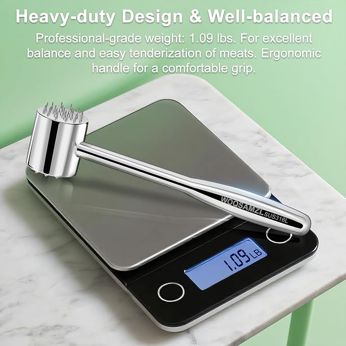 2-in-1 Real 316L Stainless Steel Meat Tenderizer Mallet Hammer,Dual-Sided Meat Tenderizer Tool with 19 Sharp Needles Spikes,Heavy Duty 1.09lbs Versatile Kitchen Pounder,Solid & Dishwasher Safe
