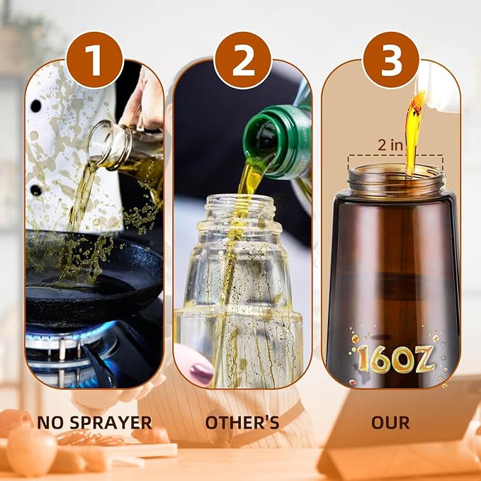 2 In 1 Oil Sprayer for Cooking, 16oz Olive Oil Dispenser Bottle for Kitchen with Light Blocking, Food-Grade Glass Oil Spray Pourer Mister for Air Fryer, Salad, BBQ (Dark Brown, 8 Labels Included)