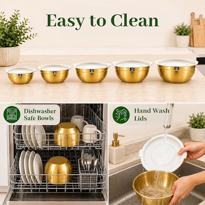 5-Piece Gold Stainless Steel Mixing Bowls with White Lids, Nesting Mixing Bowl Set in 1.5, 2.1, 3.5, 4 and 4.5 QT Sizes for Baking, Cooking, Meal Prep, Salad, Everyday Kitchen Use and Food Prep