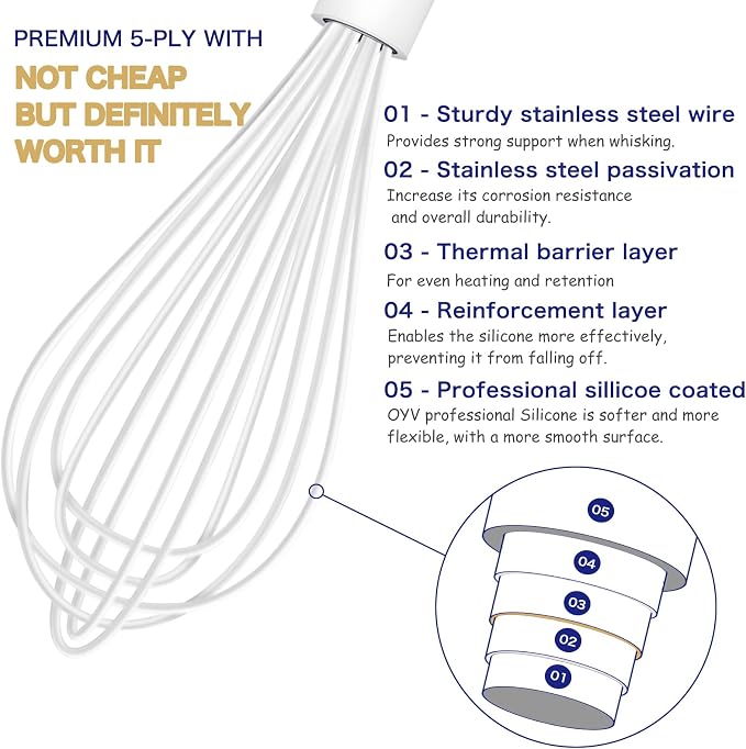 OYV White Silicone Whisk, Sealed Waterproof Design Set of 3, Professional Kitchen Whisks for Cooking Non-Scratch, Silicone&Stainless Steel Whisk, Heat Resistant 480°F Rubber wisk, BPA free