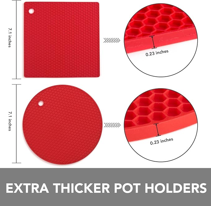 4 Pack Trivets for Hot Dishes | Hot Pads for Kitchen, Silicone Pot Holders for Kitchen Countertops,Table, Hot Pots and Pans, Easy to Wash and Dry, Red