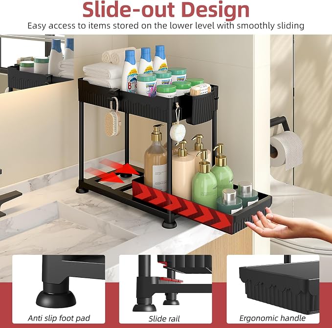 4-Pack 2-Tier Under Sink Organizer with Pull Out Drawers | Multi-use kitchen & bathroom storage. Includes hanging hooks and cups. Black, space-saving cabinet design. 14.8 Inch