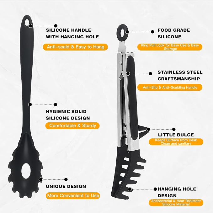 Silicone Pasta Tongs and Spaghetti Spoon Set with Non-Slip Silicone Teeth, 12-Inch Spoon and 9.8-Inch Tongs, Heat Resistant Kitchen Utensils with Storage Holes, Dishwasher Safe (black)