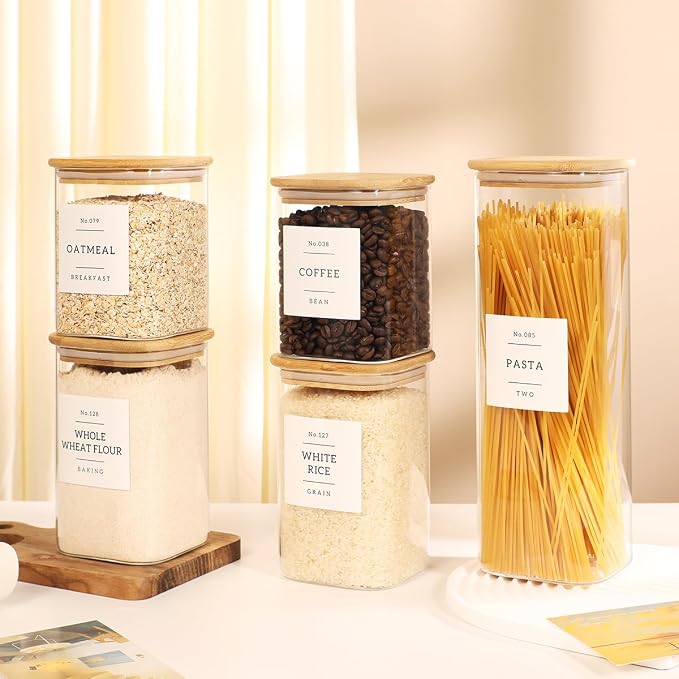 5 Pack Square Glass Pantry Storage Containers with 132 Kitchen Food Pantry Labels - Clear Glass Pantry Jars with Airtight Wood Bamboo Lids - Glass Canisters for Pasta, Cereal, Coffee, Flour, Sugar