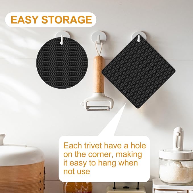 4 PCS Heat Resistant Silicone Trivet Mats for Hot Dishes, Hot Pots and Pans | Multipurpose Non-Slip Pot Holders Hot Pads Coasters for Kitchen, Countertop, Table, Thick Round Square Trivet, Black