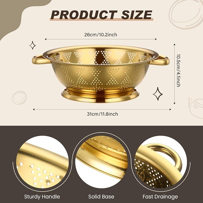 4 Pcs Gold Kitchen Accessories Includes Stainless Steel Colander and 3 Pcs Gold Fine Mesh Strainer Essential Kitchen Colander Strainers with Handles, Easy Clean and Dishwasher Safe (4.5 Qt)
