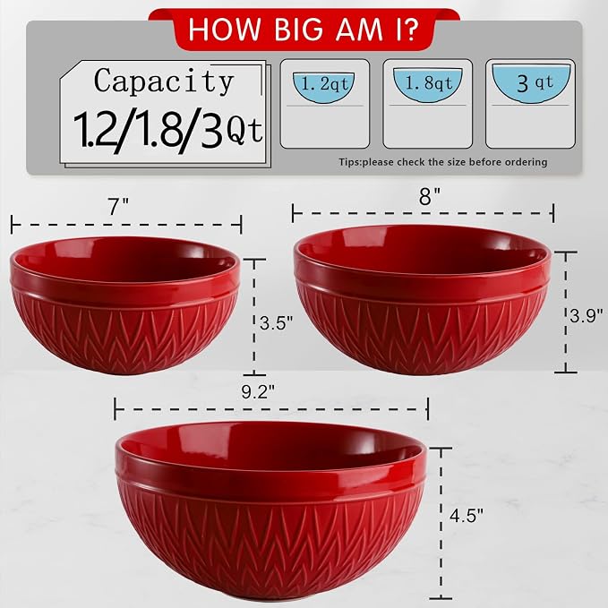 AVLA Porcelain Mixing Bowls for Kitchen, 3/1.8/1.2 Qt Ceramic Large Serving Salad Soup Bowl Set, Deep Nesting Bowl for Space Saving, 3-Piece Set, Microwave and Dishwasher Safe, Red