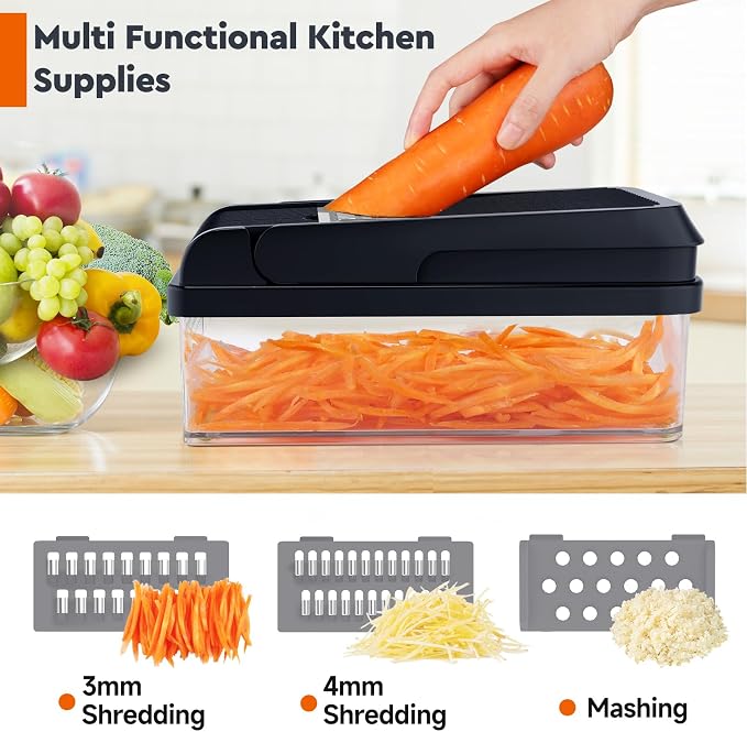 MealHelper 12-in-1 Vegetable Chopper, 7 Blade Veggie Chopper, Practical Food Chopper with Container, Cheese Grater, Home Essentials & Kitchen Gadgets(Grey)