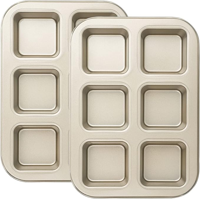 Beasea Mini Brownie Pan, 2 Pack 6 Cavity Gold Square Inidividual Brownie Muffin Cake Cutter Pan Mini Cheesecake Cupcake Bakeware Carbon Steel Brownie Baking Tray Bakeware for Oven Baking