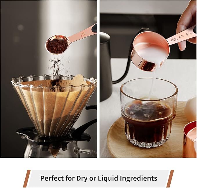 Joyhill Copper Measuring Cups and Spoons Set of 10 Piece, Stainless Steel Nesting Measuring Cup Set with Soft Touch Silicone Handles for Dry and Liquid Ingredients | BPA-Free Silicone Handles, Etched Markings, Nestable Design, Dishwasher Safe for Dry &...