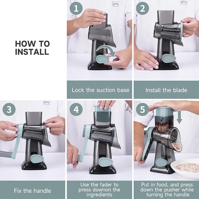Cheese Grater Hand Crank, Manual Cheese Shredder with 3 Interchangeable Blades, Rotary Cheese Grater with Strong Suction Base, Easy to Use and Clean, GreyBlue