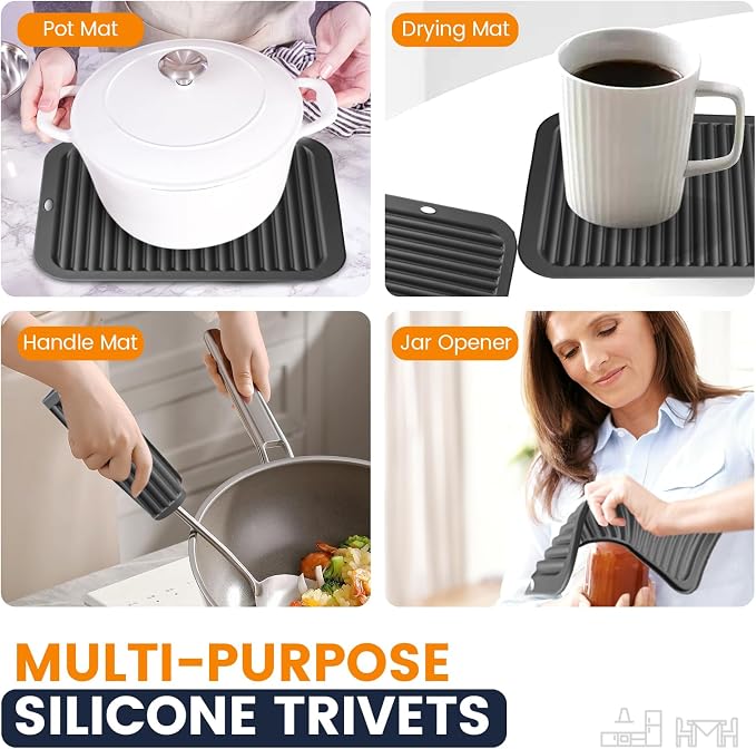 Silicone Trivet Mats 2 Heat Resistant Pot Holders Multipurpose Non-Slip Hot Pads for Kitchen Potholders, Drying mat, Jar Opener, Spoon Holder, Coaster.(Jet Black)