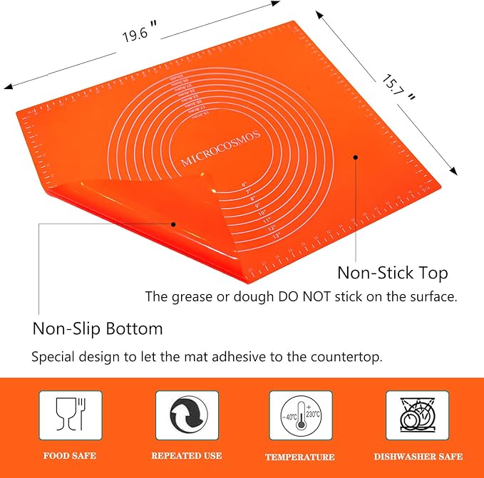 Extra Thick Silicone Baking & Pastry Mat with Measurements, Non-Stick, Non-slip, Countertop Safe, EZ to Clean. Great for Rolling Dough; Kneading Fondant; Cut Pasta; Make Pizza, Cookies. 19.6" x 15.7"