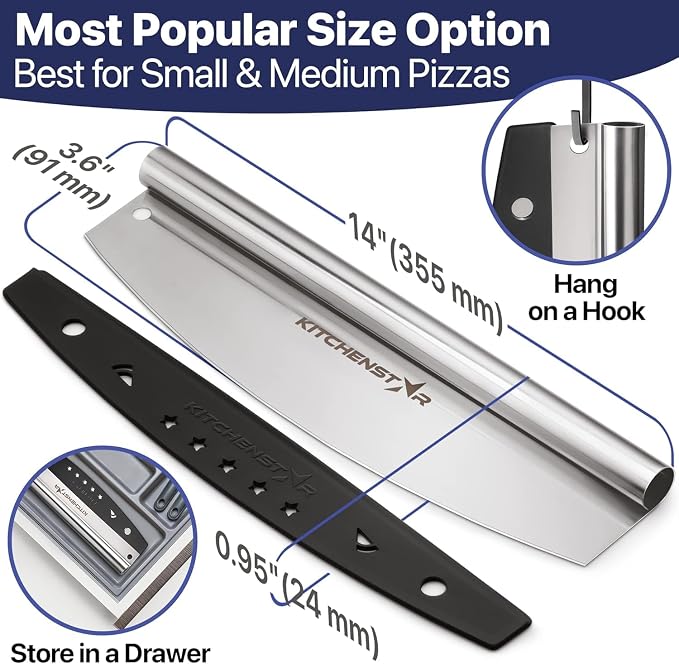 14-Inch Pizza Cutter Rocker Blade, 304 Stainless Steel Slicer Knife, Silver | Protective cover included, dishwasher safe, one-piece design, food-grade stainless steel, suitable for medium pizzas