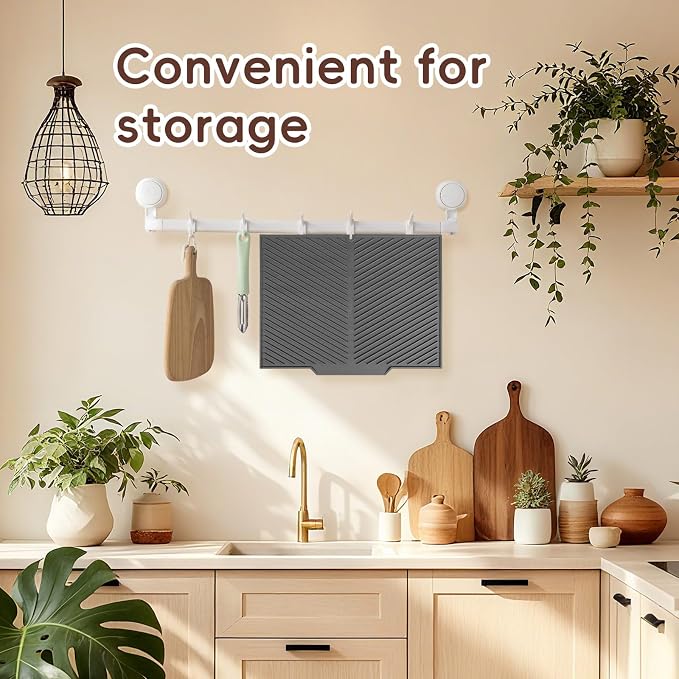 Silicone Dish Drying Mat with Drain Lip 17” x 13”, Heat-Resistant Sloped Sink Draining Tray for Kitchen Worktops, Draining Mat, Rack Mat, Multi-Purpose Hot Pads