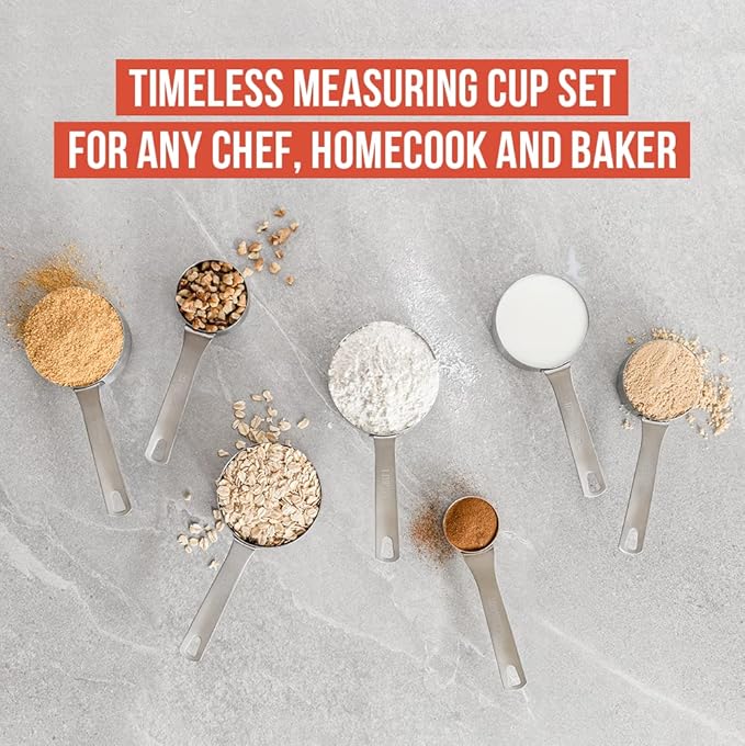 Chef Pomodoro Stainless Steel Measuring Cups, Stackable 7 Pcs Long Handle | Metal Measuring Cups Stainless Steel, Lasered Markings Stainless Measuring Cups Long Handle, Nesting Set with Sorting Ring