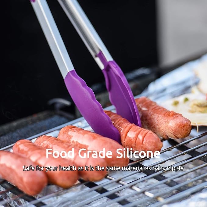 Kitchen Tongs, U-Taste 7/9/12 inches Cooking Tongs, with 600ºF High Heat-Resistant Non-Stick Silicone Tips, 18/8 Stainless Steel Handle, for Food Grill, Salad, BBQ, Frying, Serving, Pack of 3(Purple)
