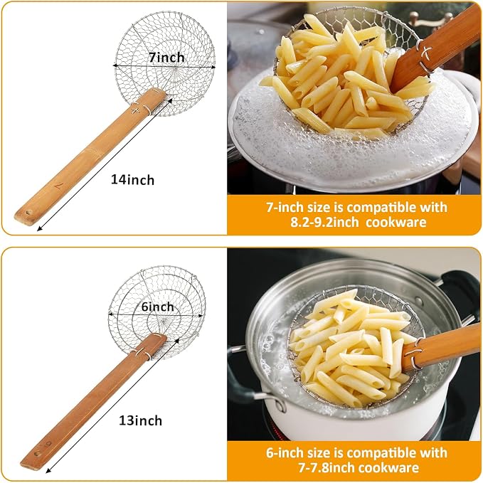 Stainless Steel Spider Strainer Asian Kitchen Wire Food Cooking Skimmer With Natural Bamboo Handle, 7-Inch, Hand-Made