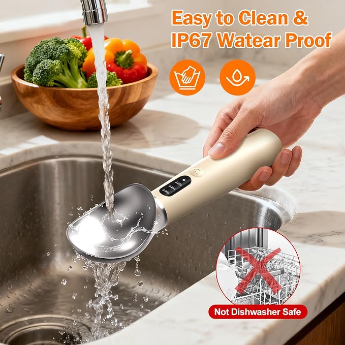Heated Ice Cream Scoop for Hard Ice Cream, 3-Temp Electric Cordless Ice Cream Scooper, Rechargeable USB-C Fast Charge with LED Display, IP67 Waterproof Head, Easy to Clean - Cream